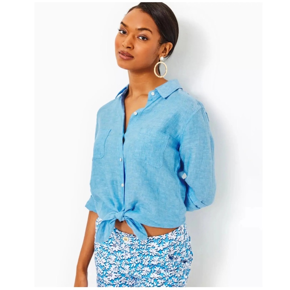 NEW Lilly Pulitzer Sea View Linen Button Down Top Beckon Blue & Sea Salt Shirt - Picture 8 of 12